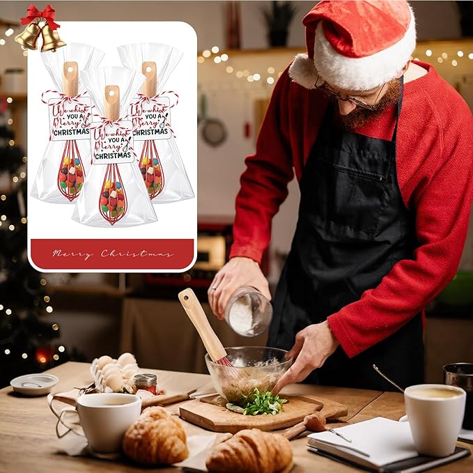 Baderke 20 Sets Baking Gifts Set Includes 8 Inch Silicone Whisk with Wood Handle Wired Stainless Steel Whisk Set Greeting Cards Plastic Bags for Party Birthday Christmas Stuffers Gift(Red)