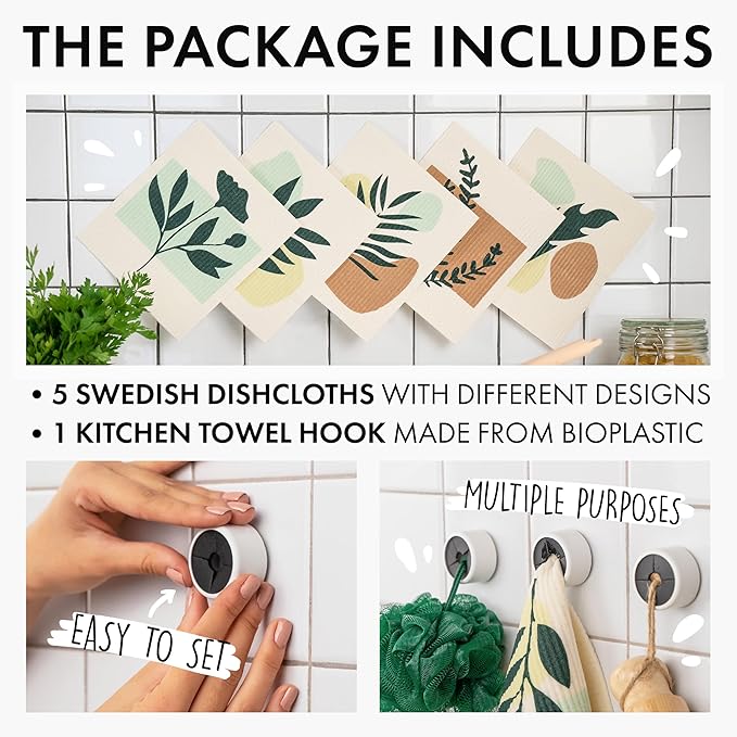 SUPERSCANDI 5 Pack Swedish Dishcloths for Kitchen - 100% Biodegradable & Compostable | Reusable Paper Towels Washable, Food-Safe & Without Plastic - Dish Rags Suitable for Any Surface | Botanic Print