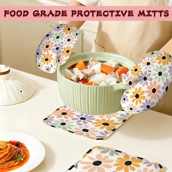 Abstract Retro Groovy Daisy Flower Heat-Resistant Silicone Oven Mitts and Pot Holder 4 Piece Set,Non-Slip Kitchen Oven Gloves for Baking, BBQ, Cooking,Grilling