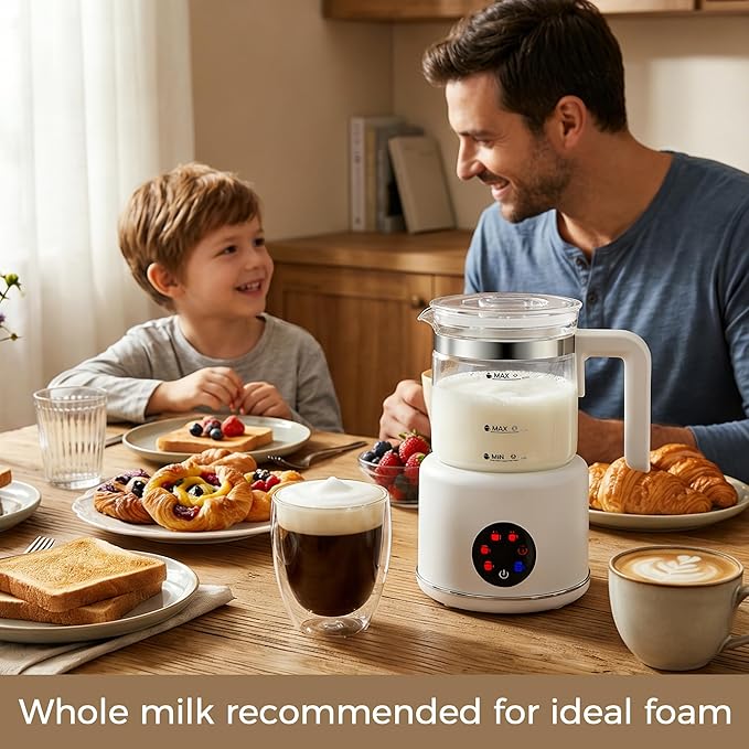 Milk Frother and Steamer, 6 in 1 Milk Steamer and Milk Warmer, 17oz Auto Shut Off Electric Frother with Touch Screen, Hot/Cold Foam Maker for Coffee, Latte, Cappuccino, Hot Chocolate,White