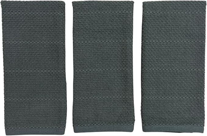 Serafina Home Dark Grey Gray Kitchen Hand Dish Towels: Oversized 28" x 18",100% Cotton Cloth Soft Cleaning Drying Absorbent Textured Design, Set of 3 Multipurpose for Everyday Use (Dark Grey)