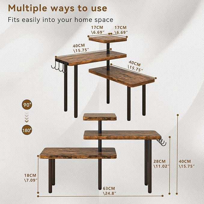 IBUYKE Countertop Organizer,3-Tier Spice Racks,Set of 2,Kitchen Counter Corner Shelf,4 Side Hooks,Adjustable Countertop Shelf for Kitchen, Bathroom, Coffee Bar, Cabinet, Desk,Rustic Brown,TLJ023H-2