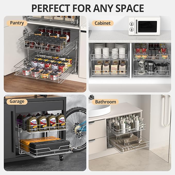 ZOINLIY Pull Out Cabinet Organizer, Versatile Slide Out Kitchen Organizers and Storage,Heavy Duty Drawer Cupboard Storage Basket, Smooth Sliding, Chrome Finish (2-Tiers-22¼''W×22“D)