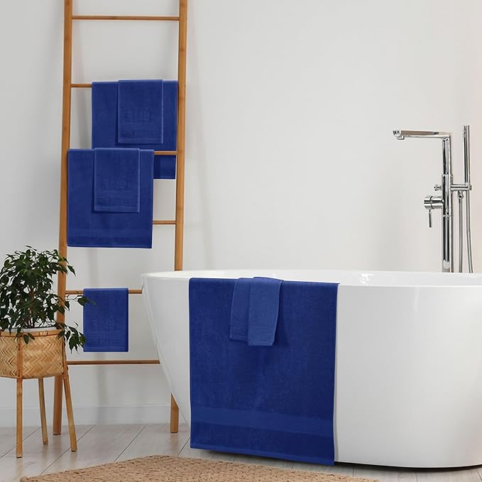 Belizzi Home 8 Piece Towel Set 100% Ring Spun Cotton, 2 Bath Towels 27x54, 2 Hand Towels 16x28 and 4 Washcloths 13x13 - Ultra Soft Highly Absorbent Machine Washable Hotel Spa Quality - Navy Blue