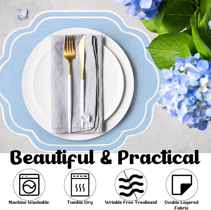 Breling 6 Pcs Wedding Placemats Scalloped Embroidered Cotton Linen Placemats 17" x 13" Double Layered Machine Washable Table Place Mat for Party Table Decor (Light Blue)
