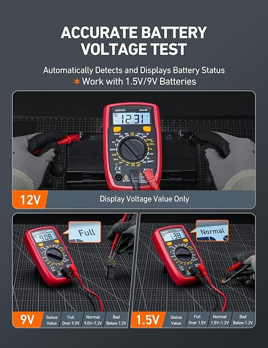 AstroAI Digital Multimeter Tester 2000 Counts with DC AC Voltmeter and Ohm Volt Amp Meter; Measures Voltage, Current, Resistance, Continuity and Diode, Black