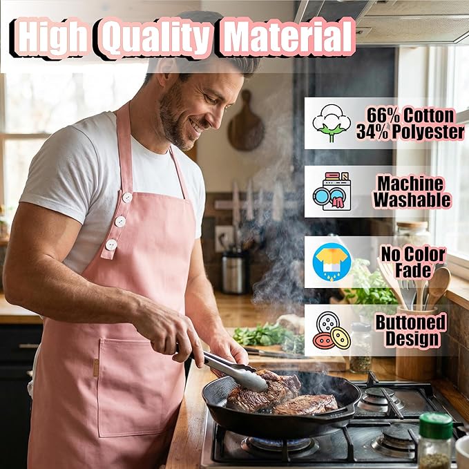 TOSHE Kitchen Apron Waterdrop Resistant Cotton Apron with adjustable Aprons for Women with Pockets Cooking Apron (2 Pack - Powder Pink)