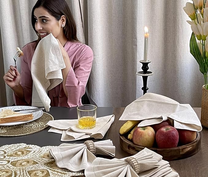 Bedding Craft Linen Flax Cotton Cloth Dinner Napkins Set of 12 – 20x20 Natural Hemstitched Fabric – Machine Washable Elegant Reusable Table Napkins for Weddings, Parties & Dining Décor
