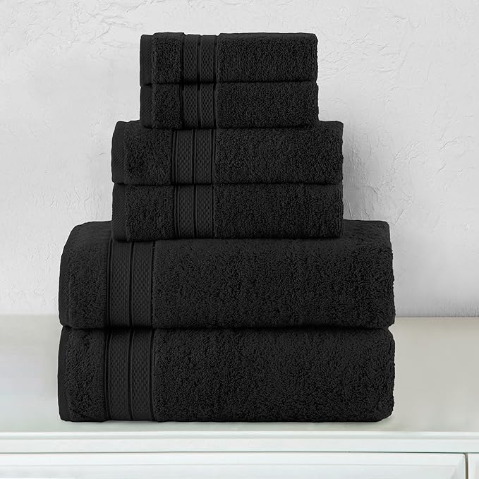 Elegant Comfort Luxury 6-Piece Towel Set, Premium Soft 100% Turkish Cotton, Three Line Popcorn Design 2 Bath Towels, 2 Hand Towels and 2 Washcloths Towel Set - Quick-Drying and Absorbent, Black