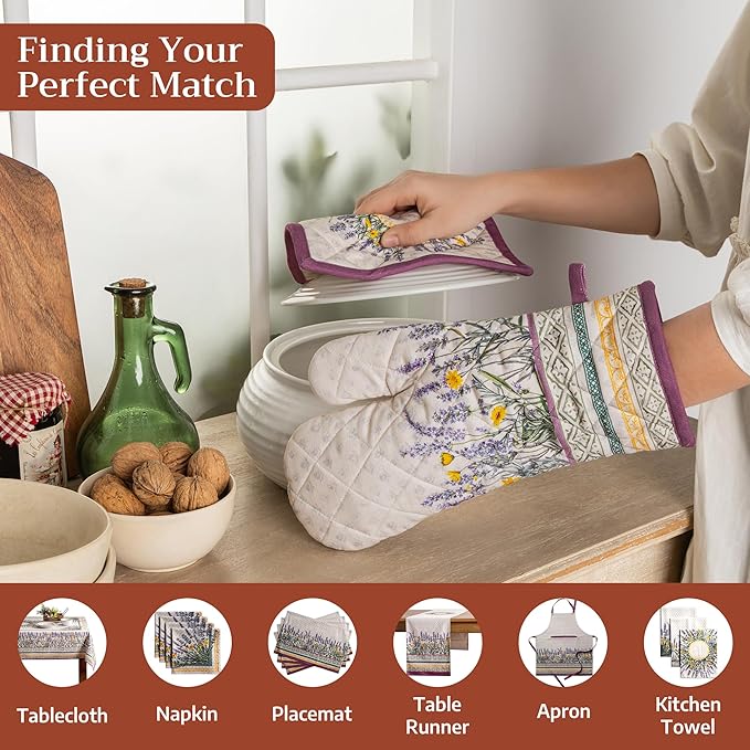 Maison d'Hermine Oven Gloves 100% Cotton Oven Mitt 7" x 13" with Loop Heat Resistant BBQ Cooking Gloves Baking Grilling Gifts for Mothers Day Spring/Summer (Pack of 1, Fanny Lavender)