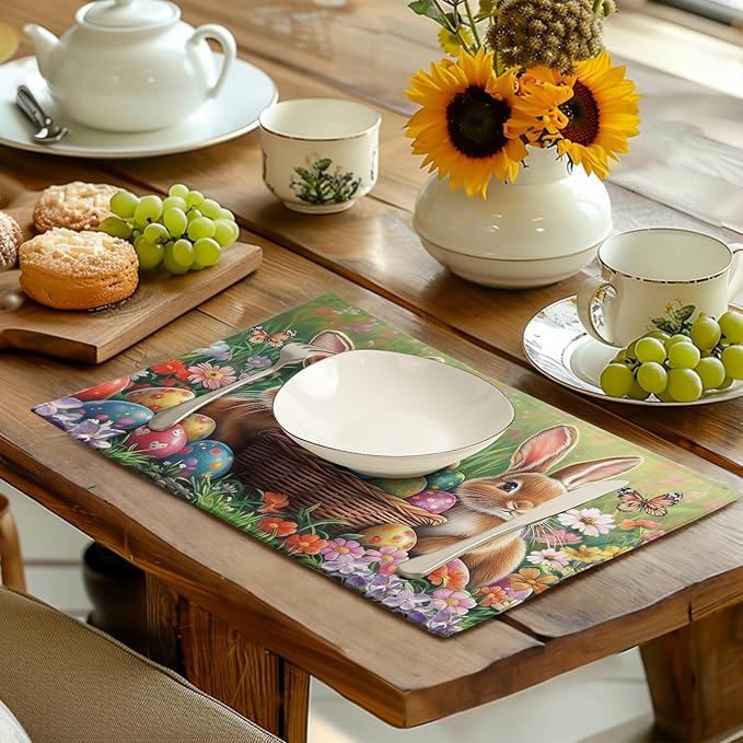 Easter Bunny Placemats Set of 4 Easter Colorful Eggs Floral Linen Fabric Table Mats Spring Farmhouse Seasonal Table Place Mats for Outdoor Indoor Home Party 12x18 Inch