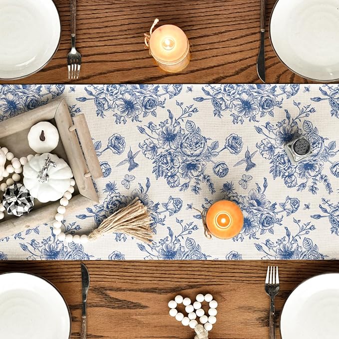 Artoid Mode Spring Beige Blue Floral Chinoiserie Table Runner, Seasonal Summer Kitchen Dining Table Decoration for Home Party Decor 13x36 Inch