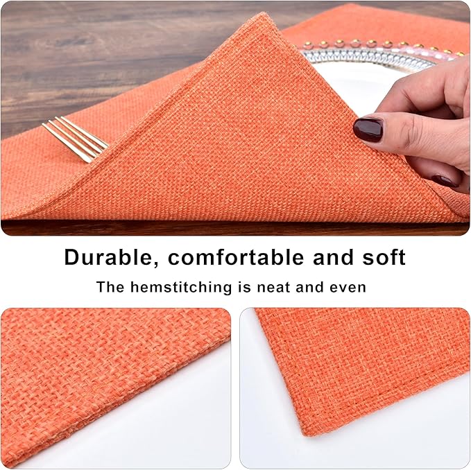 SLKQG Orange Linen Fabric Placemats Set of 4 - Heat Resistant & Machine Washable Table Mats for Holiday Dining, Double-Layered Placemats for Family Gatherings (4, Orange)