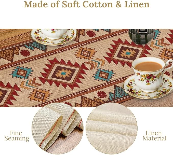 Retro Aztec Table Runner Western Native American Tribal Art Printed Runner for Home Kitchen Dining Table Living Room Decor Fabric 1 Panel W13xL36in