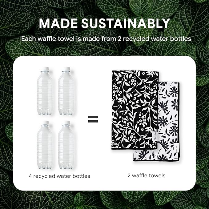 RECYCO Waffle Kitchen Towel Set of 2 - Quick Dry Microfiber Sustainable Dish Towels - Ultra Absorbent Reusable Cleaning Tea Towels - Lightweight Hand Towels,16”x 28”, Black & White Florals