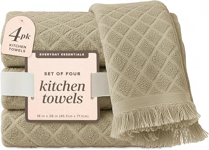 MosJos Kitchen Towels, Set of 4 Hand Towels, Sage Taupe Diamond Pattern Drying Towels 18 x 28 Super Absorbent Cotton Hand Cloths with Fringed Edges, Everyday Essentials Kitchen Linens