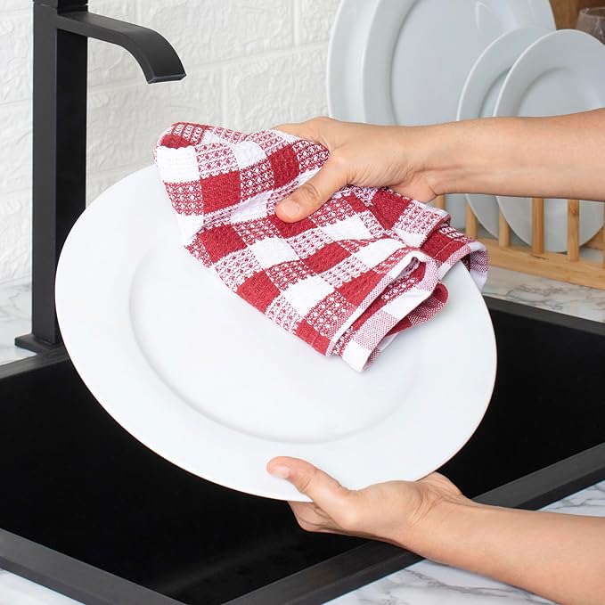 Blue Needles Set of 6 Waffle Weave Kitchen Towel, 15x25 Inches 100% Cotton Check Plaid Dish Towels for Kitchen, Soft & Absorbent for Quick Drying with Hanging Loop, Spring Summer - Burgundy & White