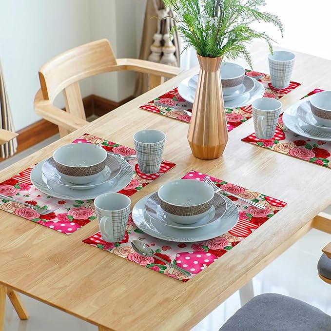 Red Rose Love Heart Polka Dots Stripe Placemat Set of 4,12x18 Inch Romantic Vintage Floral Farmhouse Holiday Wedding Anniversary Table Mats for Party Kitchen Dining Decoration