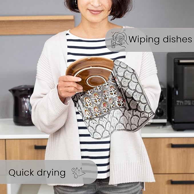 CPC Labra Grey Hand Block Print Waffle Kitchen Towel Set of 3-16 x 28 Inch Ultra Absorbent Quick Dry Cotton Dish Towels Lightweight Reusable Sustainable Tea Towels for Cleaning and Drying