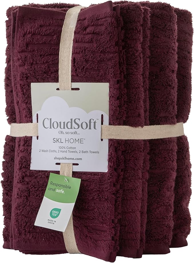 SKL Home CloudSoft 100% Cotton Luxury 6-Piece Towel Set, 600 GSM, Ultra Plush & Absorbent - 2 Bath Towels, 2 Hand Towels, 2 Washcloths, Bordeaux