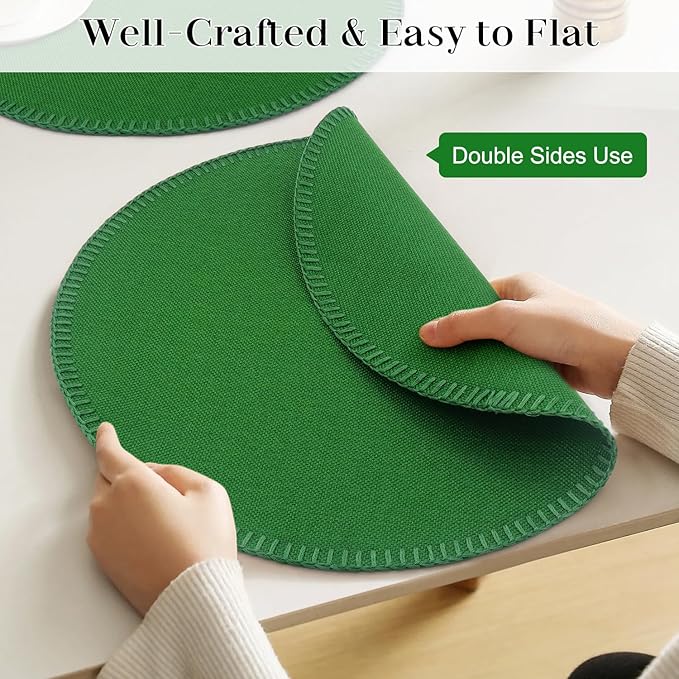 Round Placemats Set of 6, 15 Inch Linen Fabric Table Placemats, Heat Resistant, Wrinkle Free Washable Placemats Kitchen Place Mats Set of 6 for Dining Table Party Table (Green, 6)