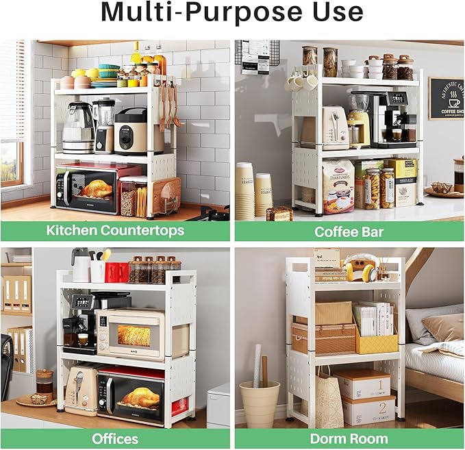 Microwave Stand, 3-Tier Expandable(17.4"-27.4") Microwave Oven Rack, Heavy Duty Adjustable Shelf with 9 hooks, Kitchen Organizer Storage Shelves for Pantry, Countertop, Coffee Bar, Office, Dorm, White