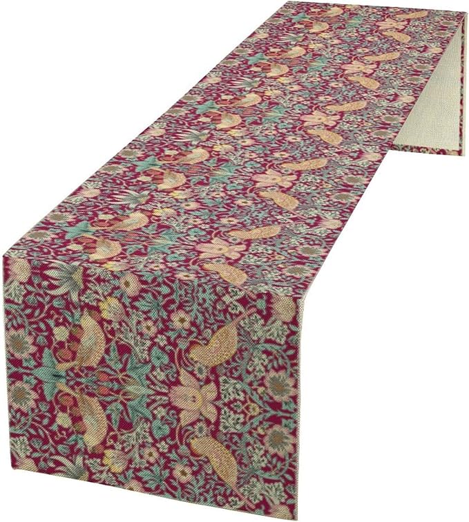 William Morris Floral Table Runner Strawberry Thief Vintage Flower Red Art Printed Dinner Runner for Home Kitchen Dining Table Living Room Decor Fabric 1 Panel W13xL70in