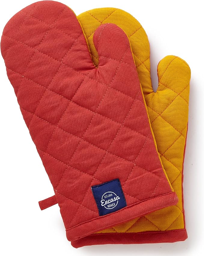 Encasa XO Heat Resistant Cotton Oven Gloves Mitts (2 Pc Set) - Quilted & Safe 12x6.6 in - for Kitchen, Cooking & Baking, Grilling, Handling Hot Pots & Pans - Mango