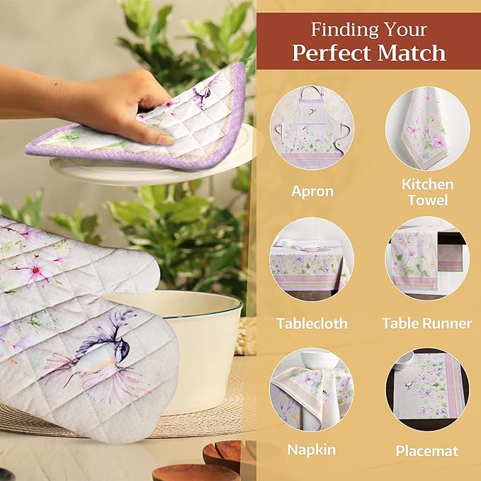 Maison d' Hermine Pot Holders 100% Cotton Heat Resistant Potholders 8" x 8" Hot Pads with Loop Cooking Baking Gifts for Mothers Day Handling Hot Pans Spring/Summer (Pack of 2, Magnolia Mornings)