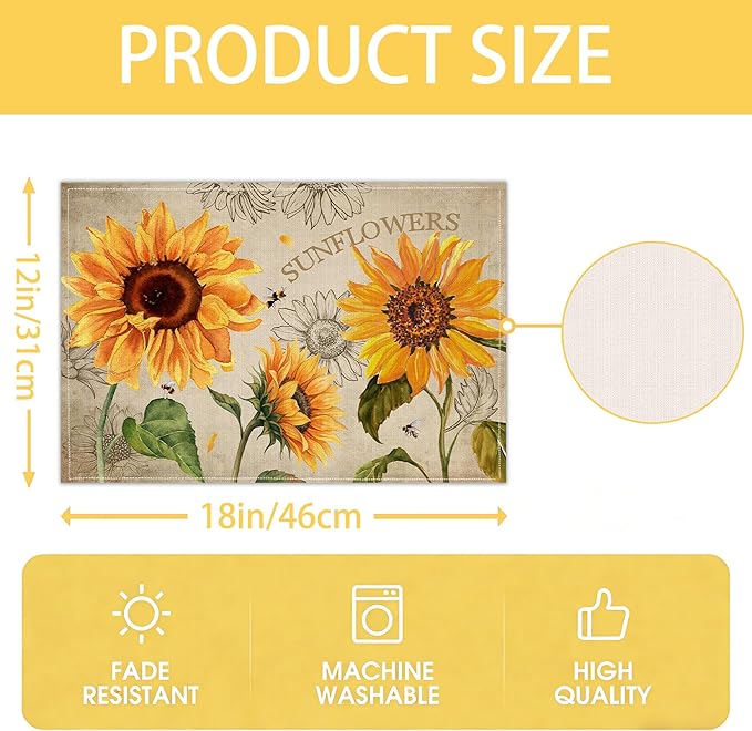 Sunflower Linen Placemats Set of 6, 12x18 Inch Farmhouse Spring Summer Sunshine Table Mats, Washable Table Decor for Kitchen Dining Indoor Outdoor Party Holiday