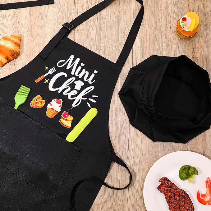 Kids Apron and Chef Hat Set, “Mini Chef” Funny Apron Adjustable Kitchen Apron for Boys and Girls