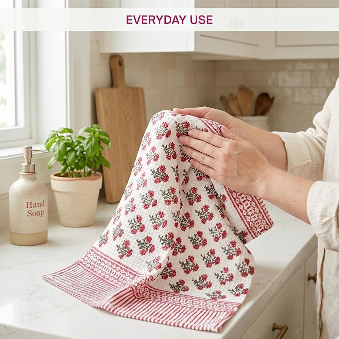 ATOSII 100% Cotton Hand Block Print Waffle Kitchen Towel, Set of 3, 18 x 26 Inches Ultra Absorbent Quick Dry Dish Towels, Reusable Sustainable Tea Towels for Cleaning and Drying, Gulbahar Pink