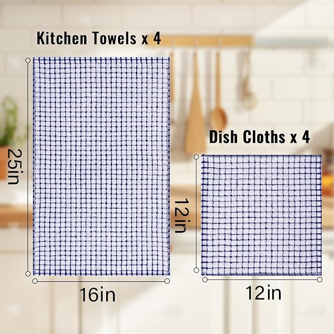 Homaxy Kitchen Towels and Dishcloths Set, 16 x 25 and 12 x 12 Inches, Set of 12 Cotton Terry Kitchen Dish Towels, Super Soft and Absorbent Dish Cloths, Blue