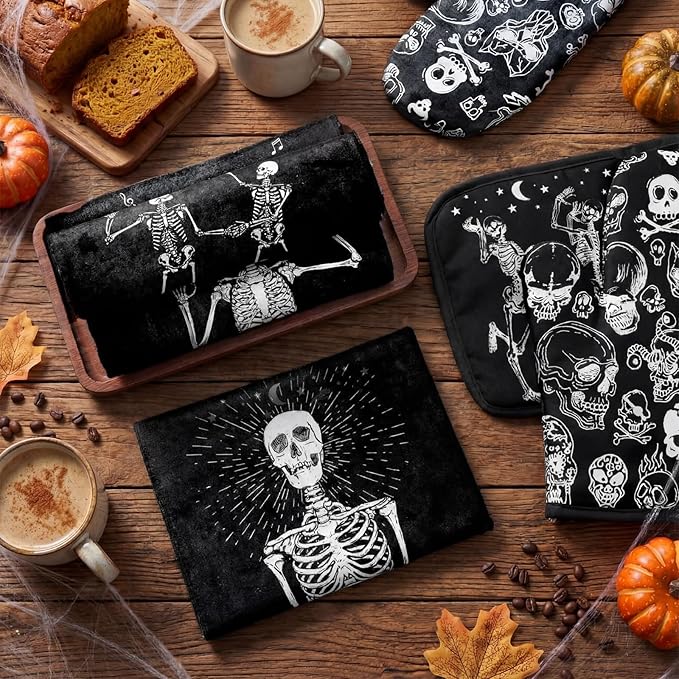 Leinuosen 6 Pcs Skull Kitchen Decor Set, Skull Kitchen Towels Gothic Oven Mitts and Pot Holders Skeleton Hand Dish Towels Horror Oven Mitts for Home Decor Party Gifts (Black,Cool)
