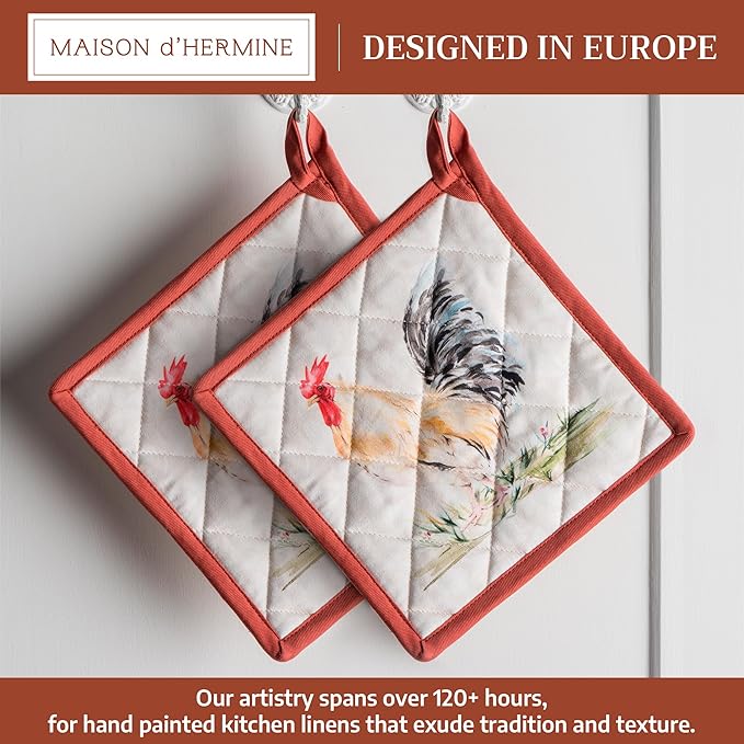 Maison d' Hermine Pot Holders 100% Cotton Heat Resistant Potholders 8" x 8" Hot Pads with Loop BBQ Cooking Baking Gifts for Mothers Day Handling Hot Pans Spring/Summer (Pack of 2, Campagne)