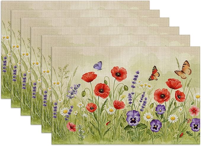 Poppy Flower Butterfly Placemats Set of 6, Washable Heat Resistant Table Mat Linen Place Mats for Party Kitchen Dining Home Decor 12x18 Inch