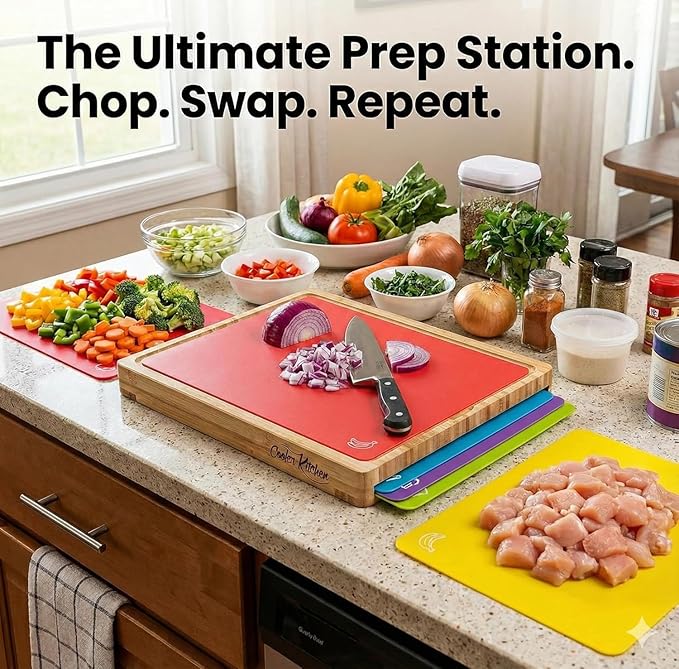 Cooler Kitchen Personalized Cutting Board Set - Custom Engraved Bamboo Charcuterie Board Set with 6 Color-Coded Mats — Engagement Gift, Wedding Gift, Housewarming Gift for Couples & Newlyweds - Large