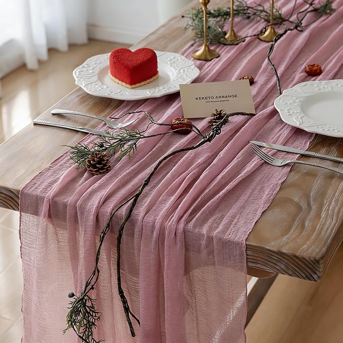 Keketoarrange 3pcs Cheesecloth Table Runner Dusty Rose Gauze 120 Inch 10 FT Rustic Boho Cheese Cloth Runner for Wedding Baby Shower Bridal Shower Party Long Sheer Centerpiece Fall Home Decoration