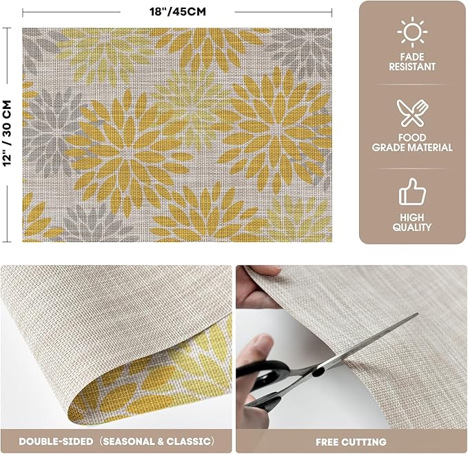 Artoid Mode Floral Plastic Placemats Set of 4, 12x18 Inch Washable Non-Slip Plastic Vinyl Place Mats for Party Kitchen Dining Decor, Yellow