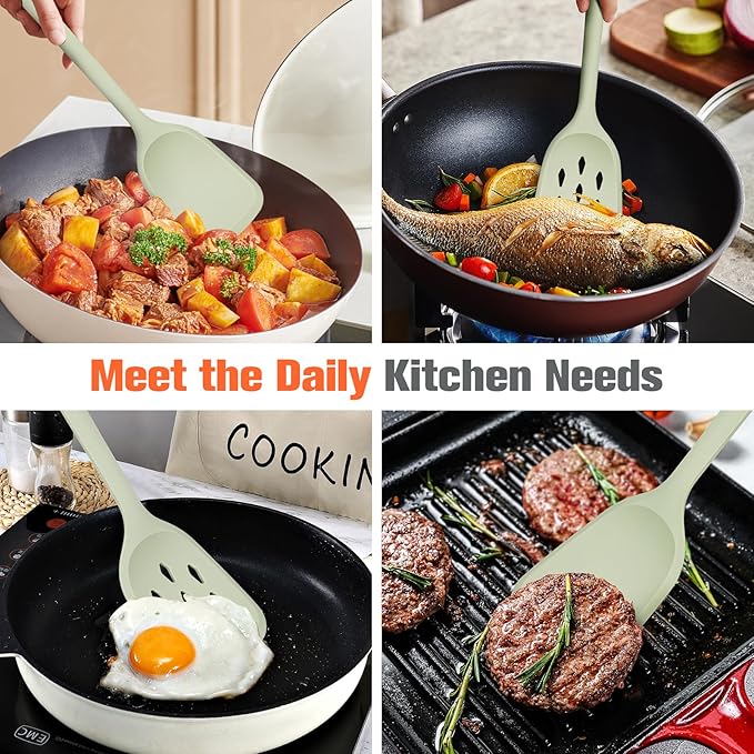 Silicone Cooking Spatula&Slotted Spatulas, Pack of 2,Solid Turner Kitchen Utensils Set for Cooking,Frying, Baking, Flipping, Turning,Heat Resistant 450℉ (Green)