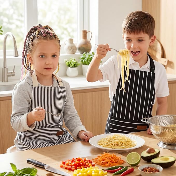2 Pack Stripes Kids Apron, Kids Cooking Aprons with 2 Pockets, Cute Aprons for Cooking for Boys and Girls