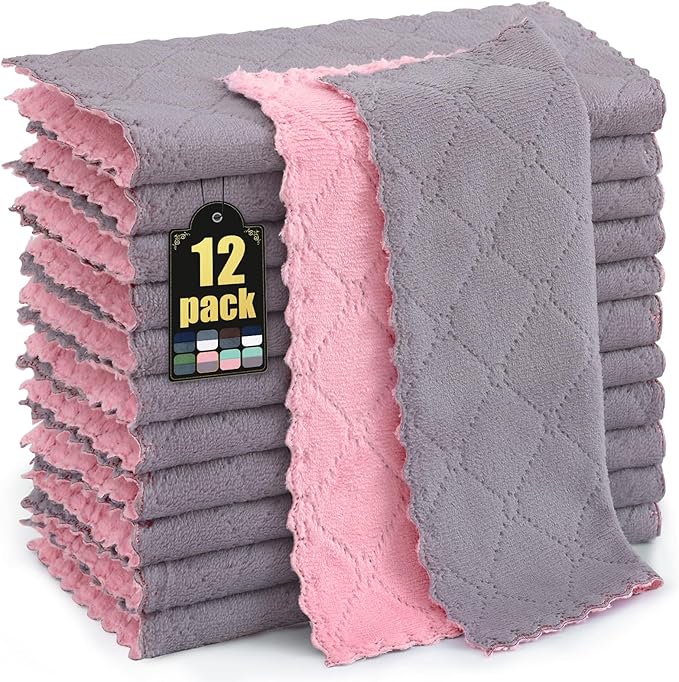 Mordimy 12 Pack Kitchen Cloths Dish Towels (10" x 10", Grey & Pink), Super Soft and Absorbent Dish Cloths, Coral Velvet Microfiber Cleaning Cloth, Nonstick Oil Fast Dry Dishcloths