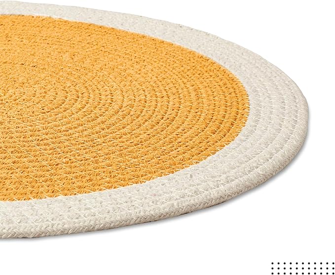 Encasa XO Dining Placemats Set of 6 | Cotton Round Table Mat - 13 in Diameter | Yellow & Off White | Handmade Rib Style Chargers for Dinner Plates