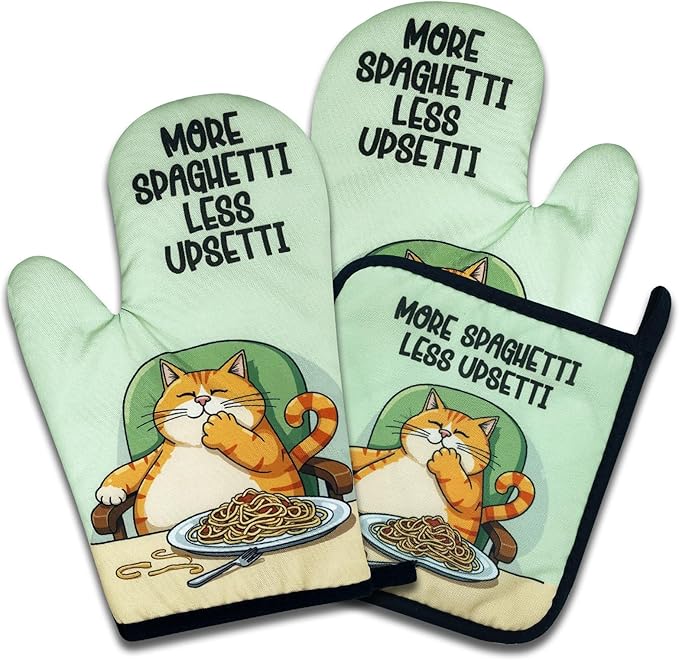 Cute Cat Oven Mitts and Pot Holders Set of 3, More Spaghetti Less Upsetti, Heat Resistant Non-Slip Kitchen Mitts Hot Pads, Spaghetti Lovers Gifts, Housewarming Gifts for Hostess Chef Friend