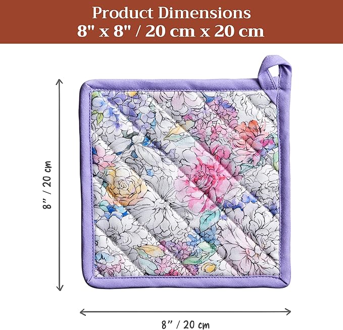 Maison d' Hermine Pot Holders 100% Cotton Heat Resistant Potholders 8" x 8" Hot Pads with Loop BBQ Cooking Baking Gifts for Mothers Day Handling Hot Pans Spring/Summer (Pack of 1, Floral Love)