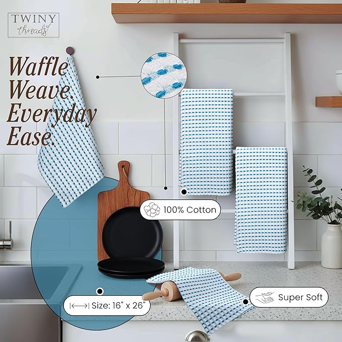 TWINY threads Waffle Weave Dish Towels Pack of 4, Large 16x26 Inches Kitchen Hand Towel Set, Super Absorbent, Fast Dry & Reusable Washcloths for Cooking, Cleaning & Drying, Turquiose Blue, White