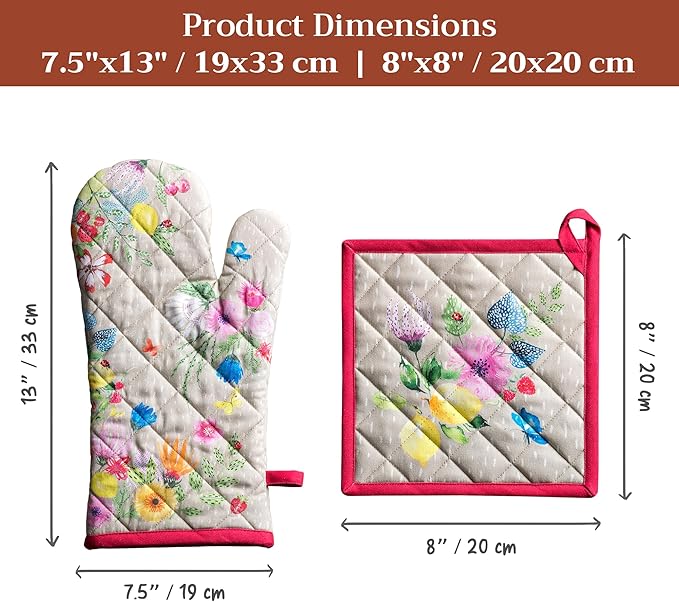 Maison d' Hermine 100% Cotton Oven Mitt & Pot Holder Set (7.5"x13" & 8"x8") Heat Resistant BBQ Cooking Gloves with Loop Grilling Kitchen Gifts for Mothers Day Spring/Summer (Jardin D'Ete - Fog)