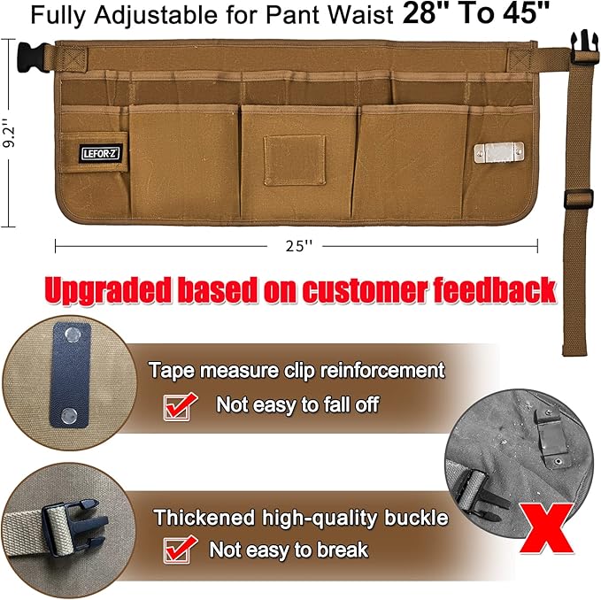 Waist Tool Belts with 13 Pockets,Waxed Canvas Tool Apron,Nail Apron,Woodworking Pouch for Men and Women,Adjustable Length from 28 to 45 Inches