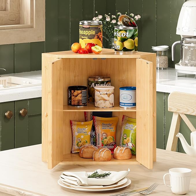 Trironsun Corner Bread Box for Kitchen Counter Double Layer Bamboo Bread Storage Container Large Capacity Bread Storage Bin Farmhouse Breadbox Organizer (Bamboo Natural)