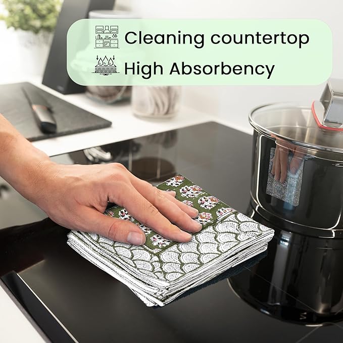 CPC Jade Green Hand Block Print Waffle Kitchen Towel Set of 3-16 x 28 Inch Ultra Absorbent Quick Dry Cotton Dish Towels Lightweight Reusable Sustainable Tea Towels for Cleaning and Drying